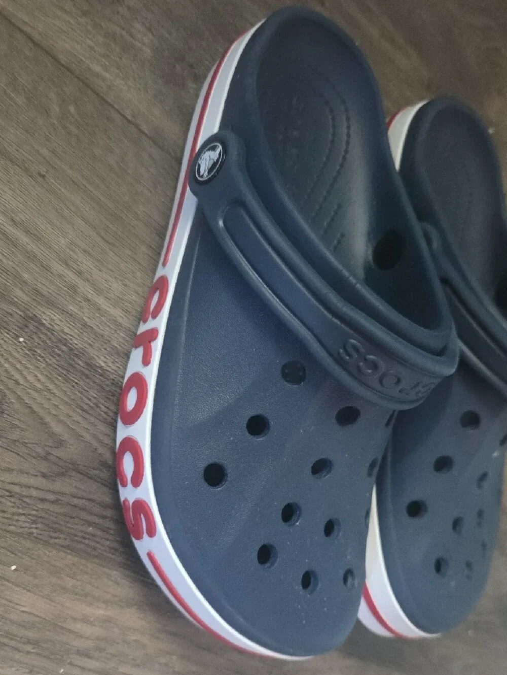 CROCS Kids Navy Clogs with Red and White Stripe